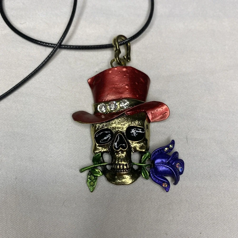 Skull Necklace Red Top Hat Rose Pendant Gothic‎ Halloween Costume Jewelry New